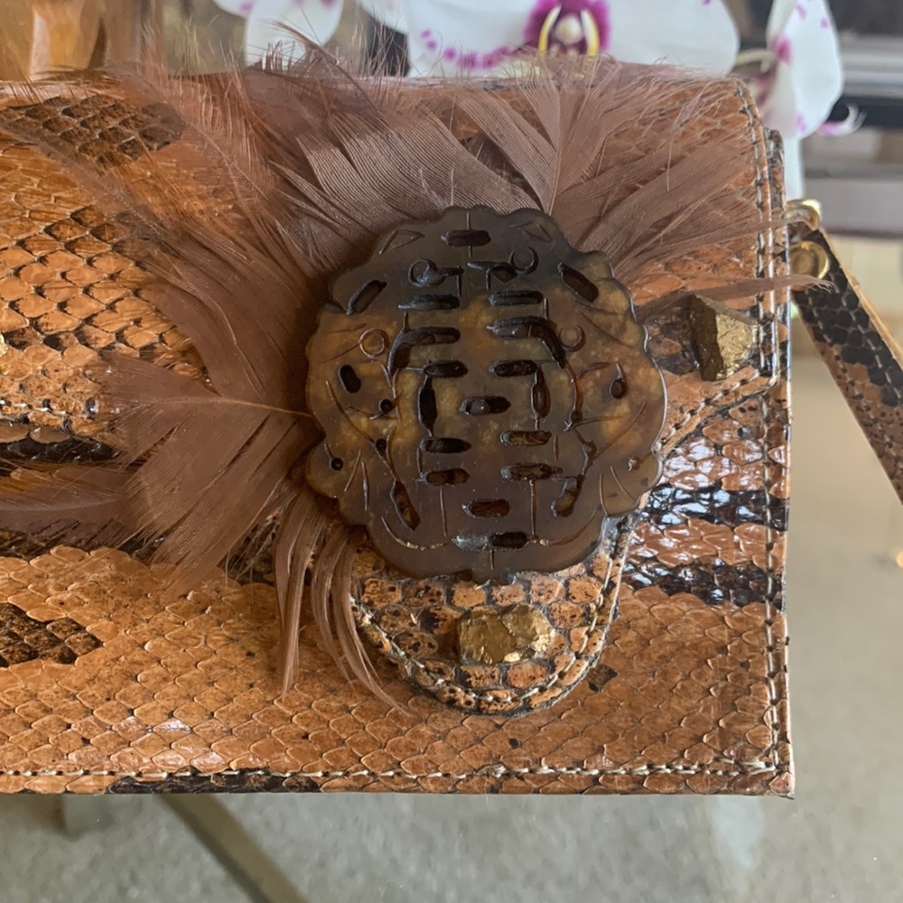 Python Baguette Flap Wristlet Clutch, Feathers & … - image 4